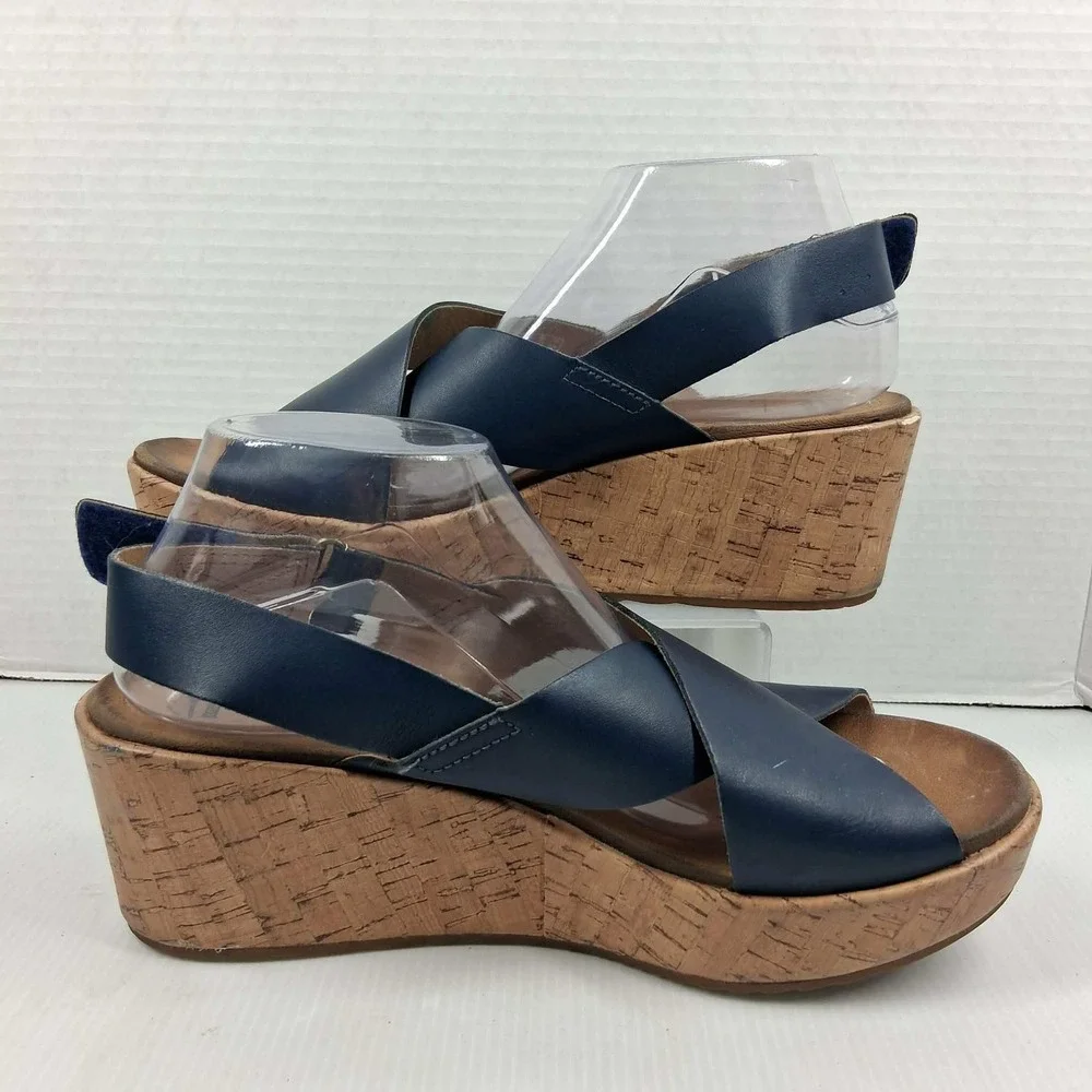 Clarks Navy Blue Leather Cork Wedge Platform Sandals Womens 10 Cushion Soft